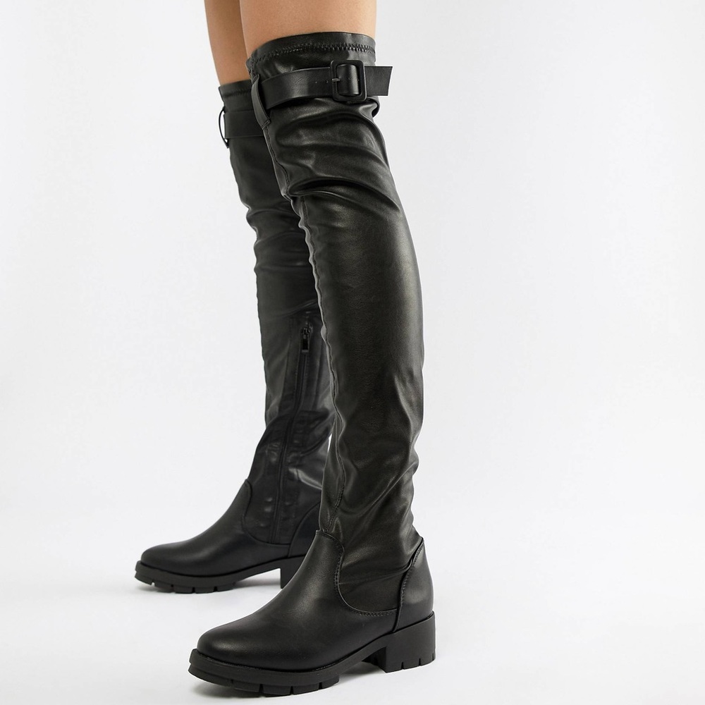 Buckle Trim Stretch Over Knee Boots